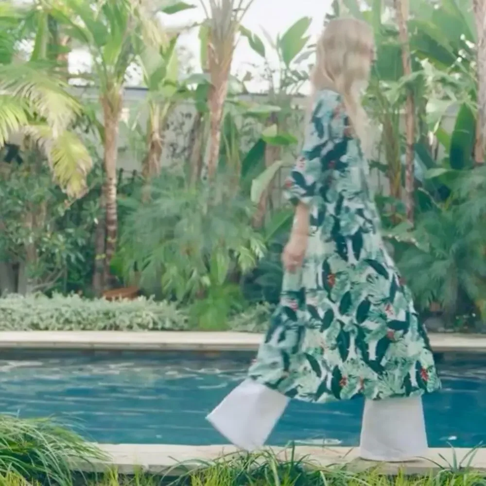 Rachel Zoe Palm Print Caftan in Green and White One Size